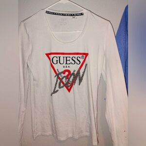 Guess White Long Sleeve Fitted Tee with Red Logo